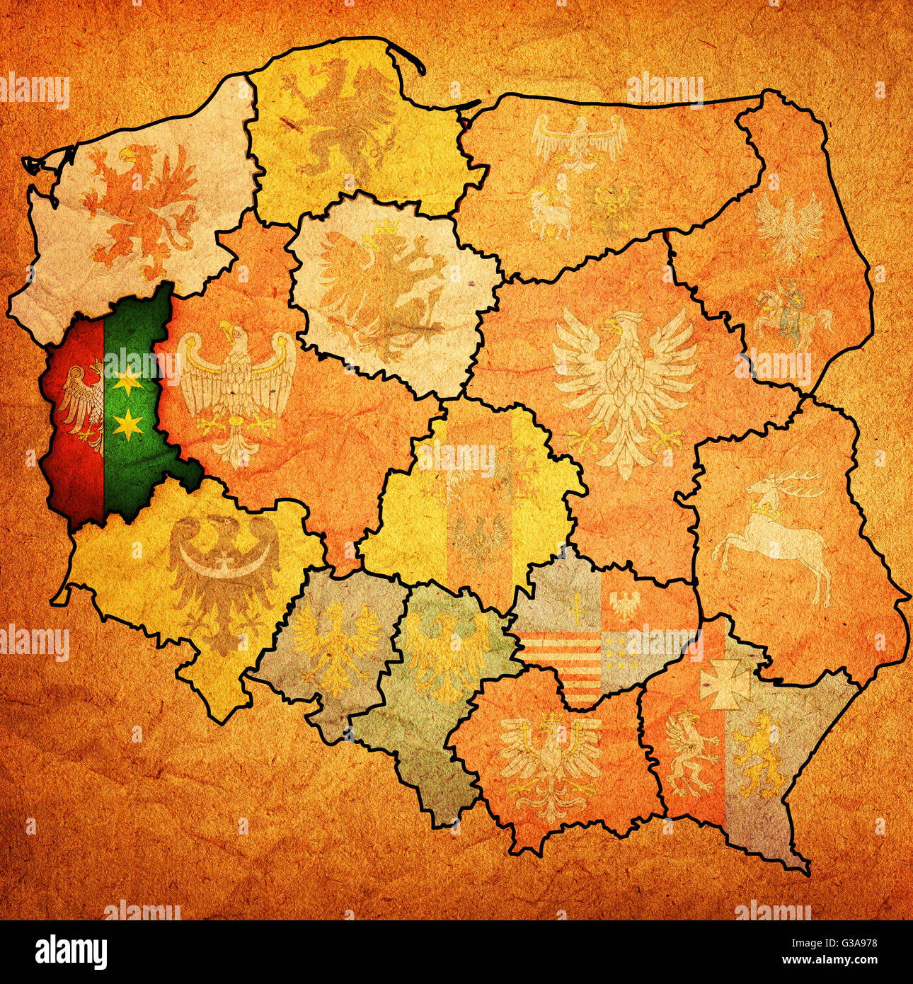 Lubuskie regione sulla mappa di amministrazione della Polonia con le bandiere di altre province polacche e le divisioni amministrative Foto Stock