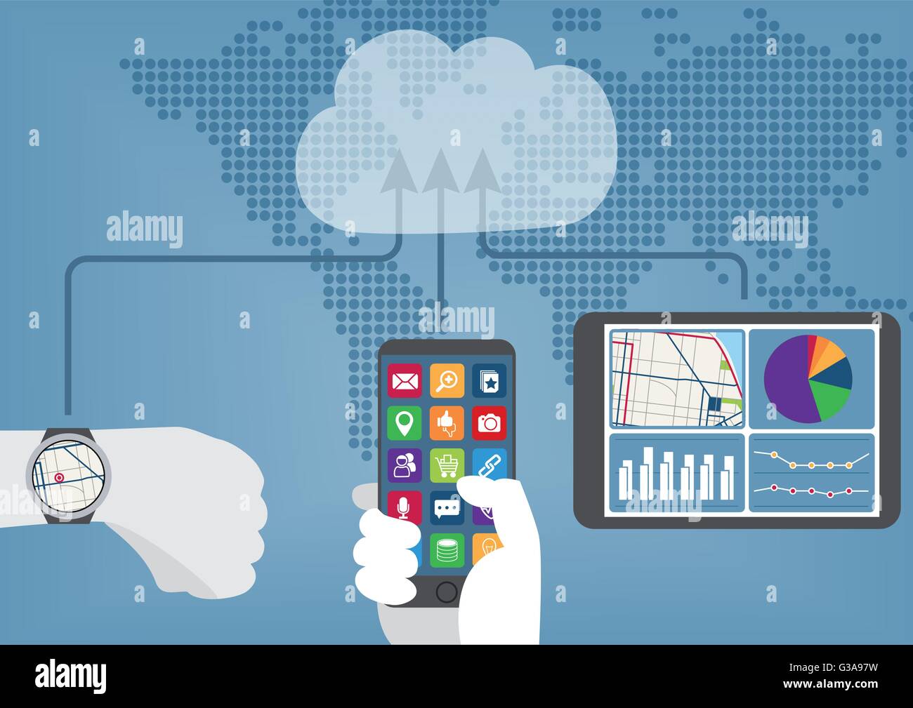 Il cloud computing concetto con dispositivi portatili collegati per la sincronizzazione dei dati con il cloud. Illustrazione Vettoriale