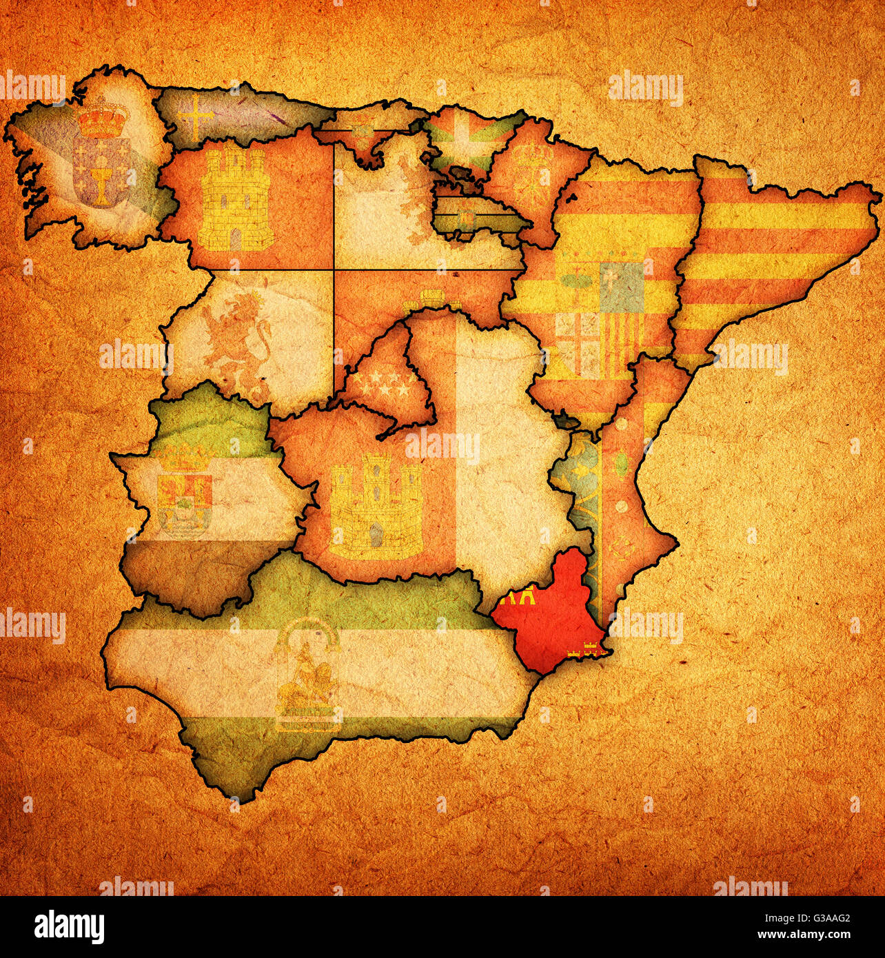 Murcia Regione sulla mappa di amministrazione delle regioni della Spagna con le bandiere e gli emblemi Foto Stock