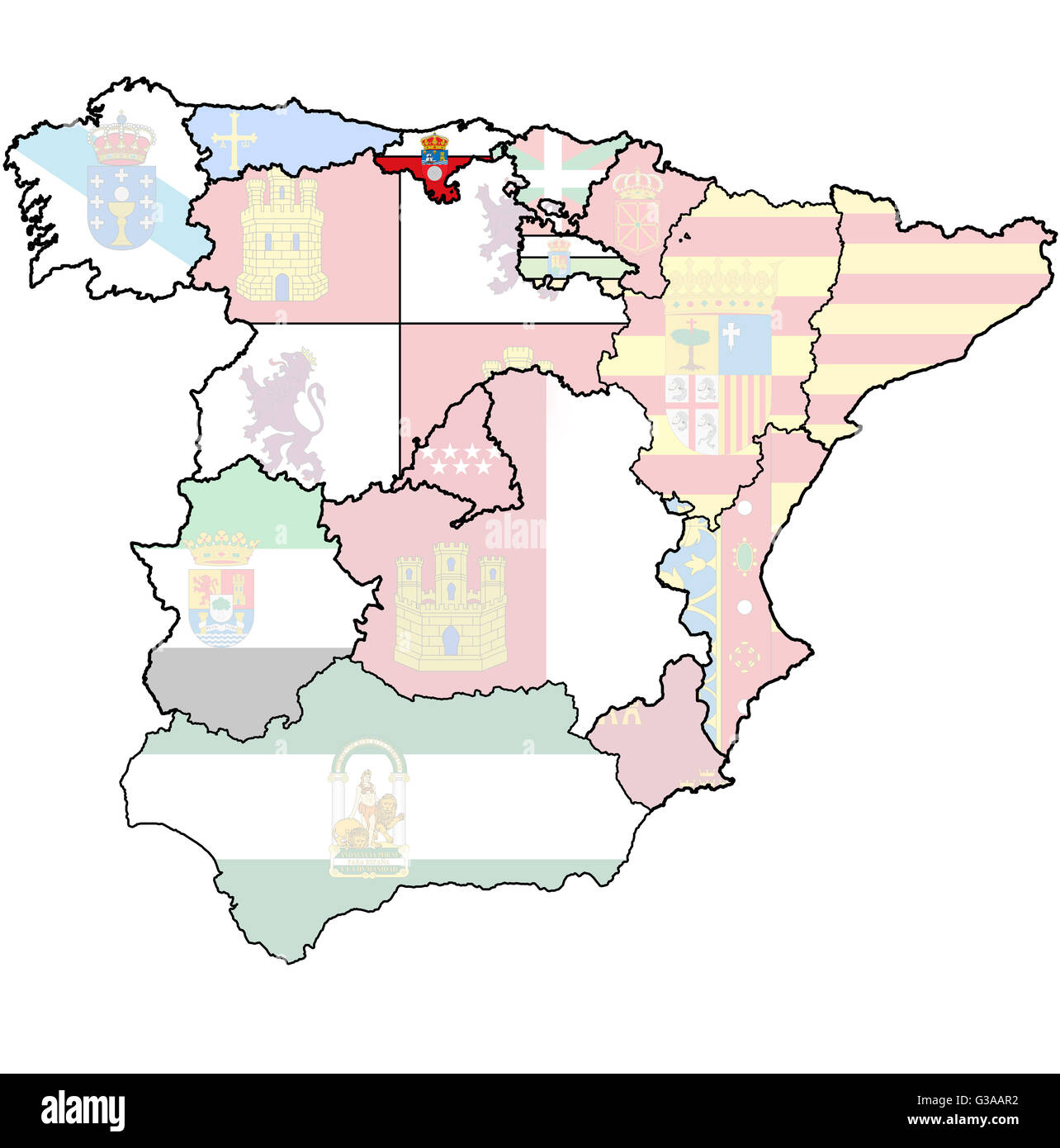 Cantabria regione sulla mappa di amministrazione delle regioni della Spagna con le bandiere e gli emblemi Foto Stock