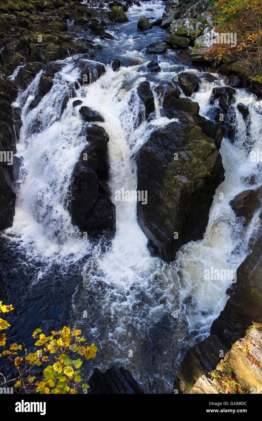 Guardando verso il basso in nero Linn Falls, vicino a Dunkeld in Perthshire Scozia Scotland Foto Stock