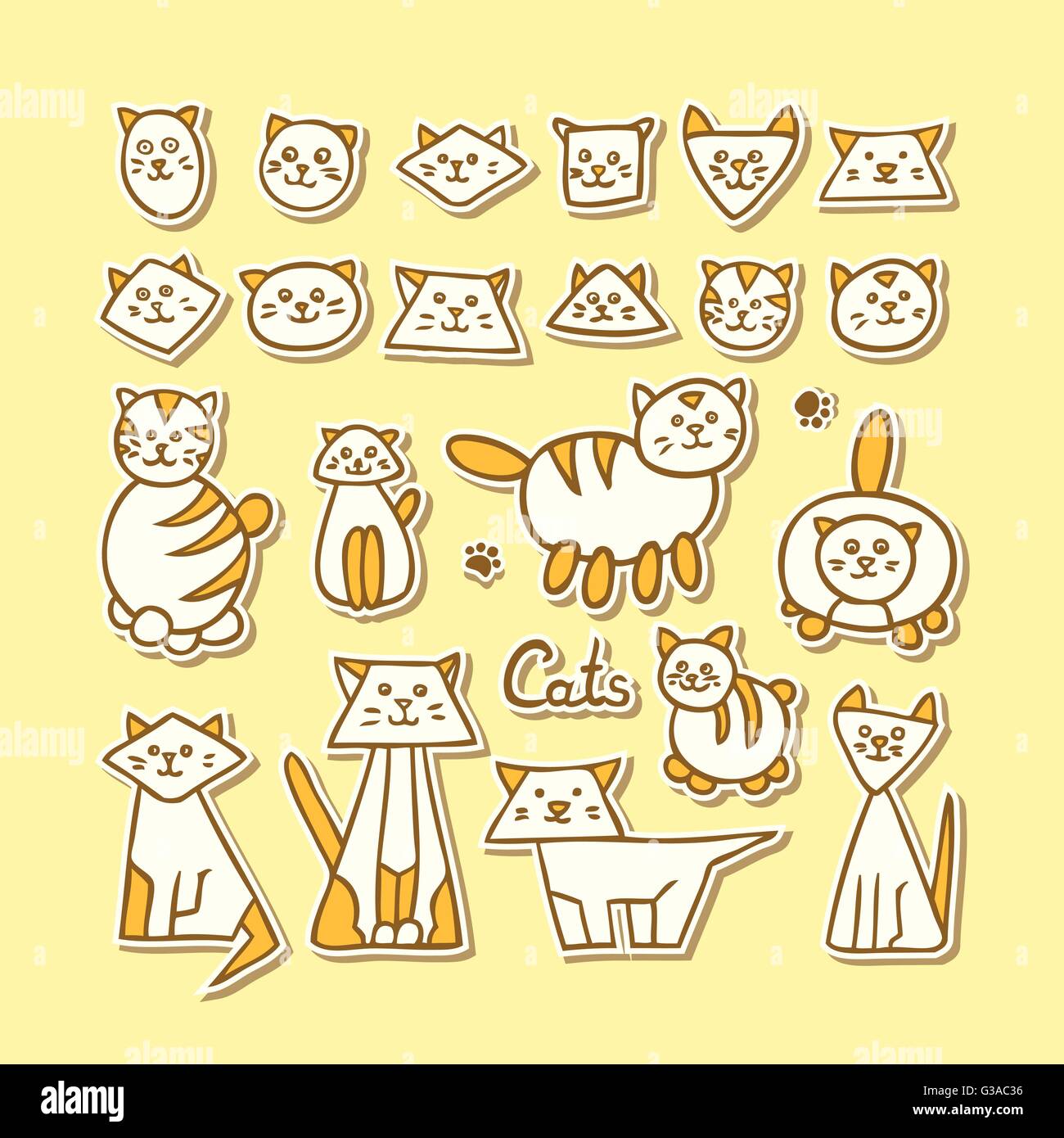 Set di disegnato a mano gatti divertenti su sfondo giallo. Illustrazione Vettoriale
