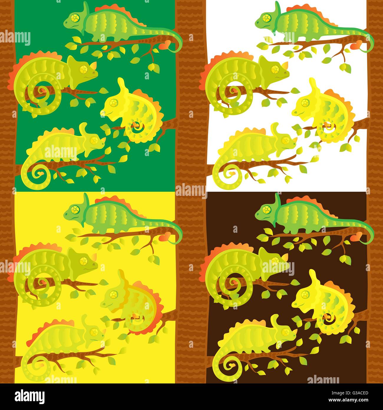 Set di seamless pattern con camaleonti sulla struttura ad albero Illustrazione Vettoriale