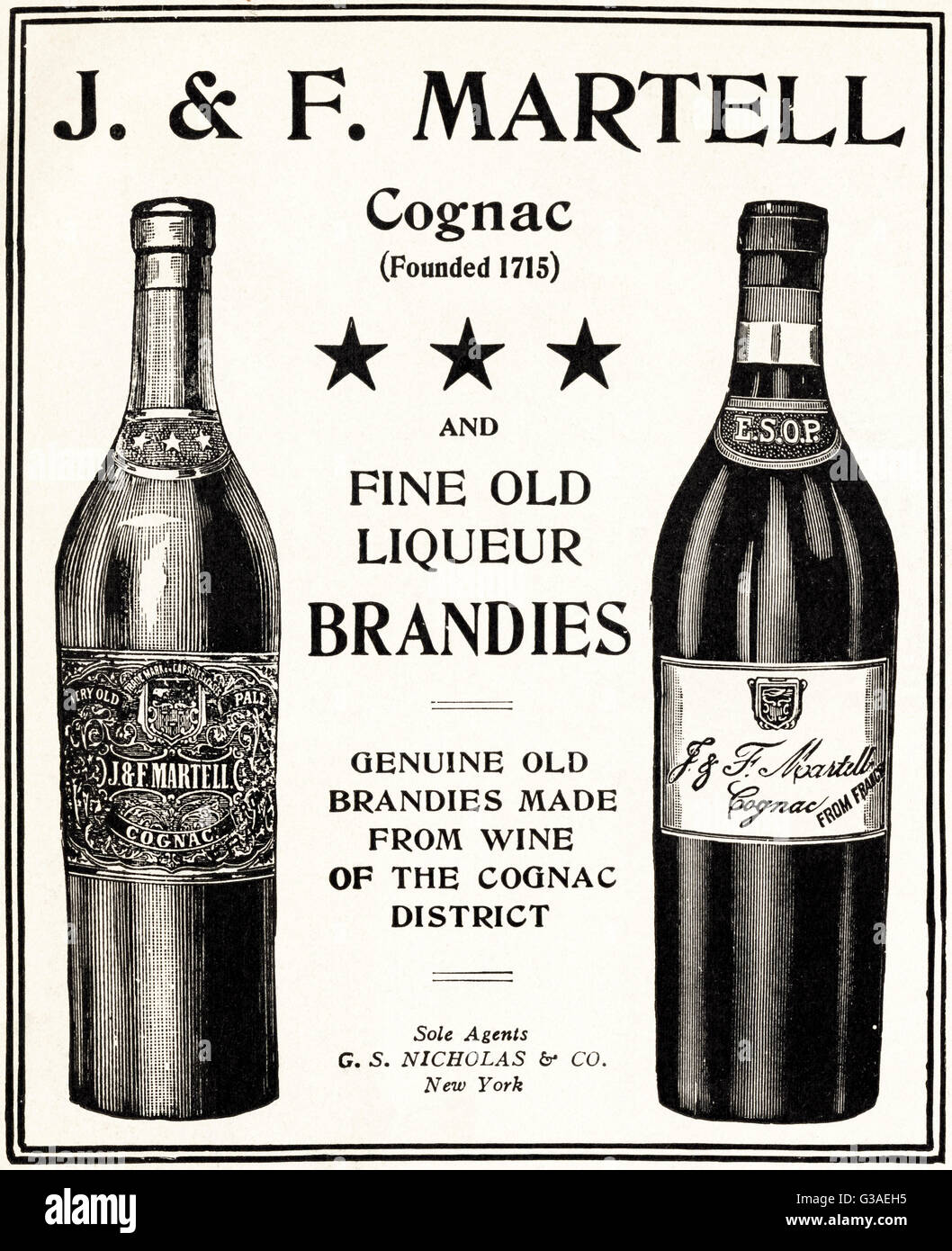Originale vecchia vintage rivista americana un annuncio da un'epoca edoardiana datata 1910. Pubblicità Pubblicità il cognac Martell & brandy Foto Stock