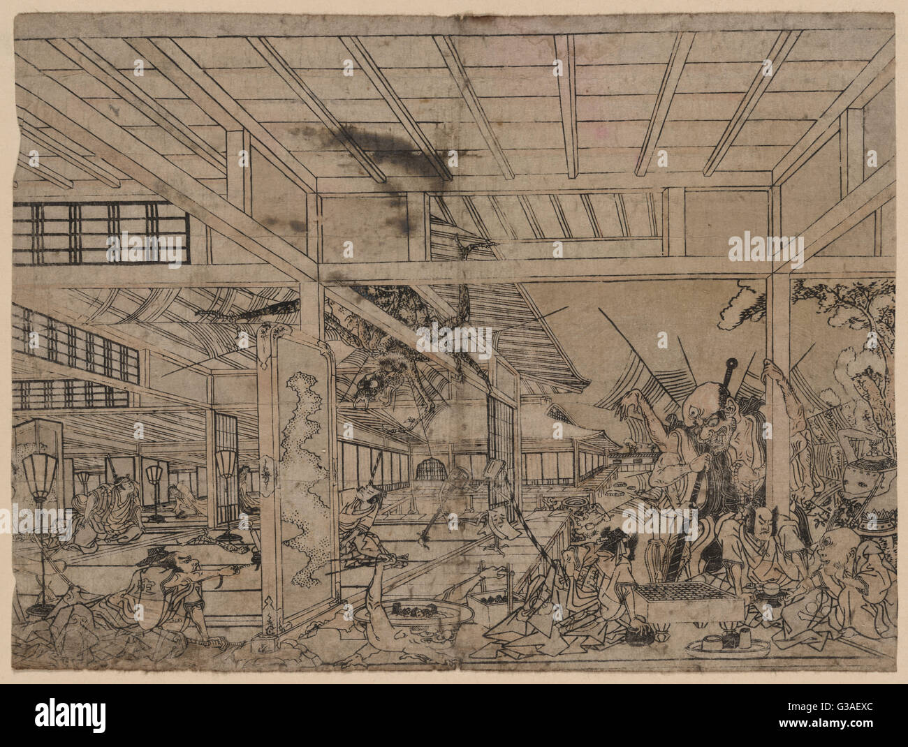 Immagine prospettica di Minamoto Raiko che combatte il gigante spi Foto Stock