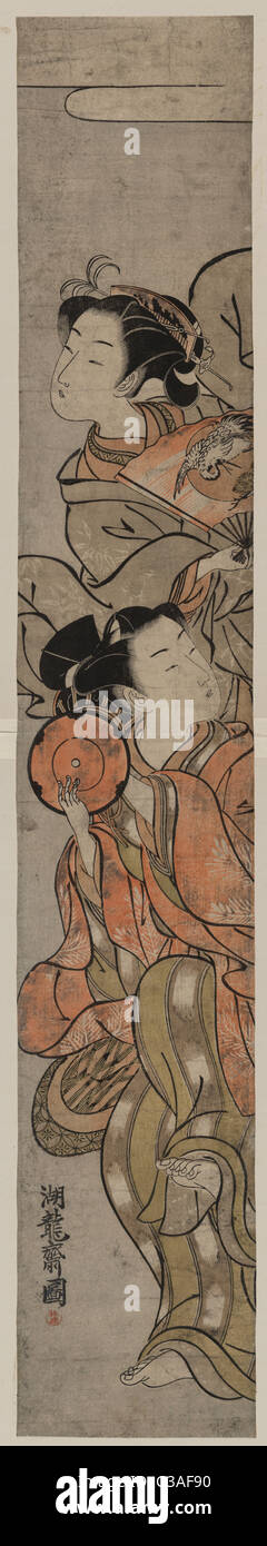 Maschio atto di commedia. Stampa mostra un uomo giocando un tamburo e una donna tenendo un ventilatore, dancing. Data compresa tra 1772 e 1774. Foto Stock