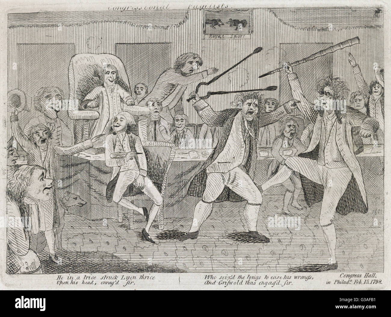 Pugilists congressuale. Una rappresentazione grezza di una lotta sul pavimento del Congresso tra il rappresentante del Vermont Matthew Lyon e Roger Griswold del Connecticut. La riga è stata originariamente richiesto da un insulto riferimento a Lione il Griswold fa parte. Il interio Foto Stock