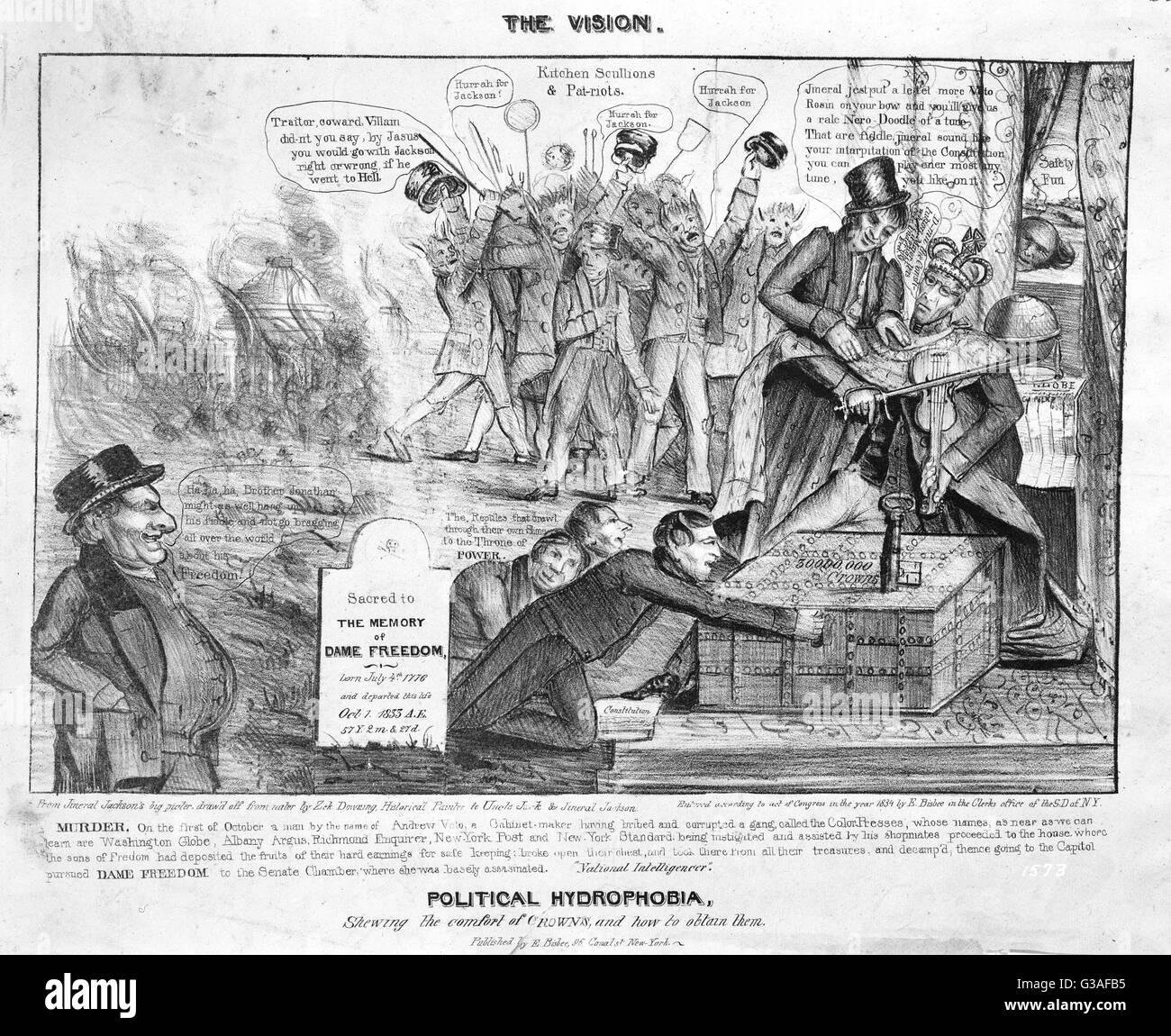 La visione. Idrofobia politico, annunziando il comfort delle corone, e come ottenerli. Un grossolanamente disegnato ma aspro attacco su Andrew Jackson il veto del re-carta della Banca degli Stati Uniti e della sua successiva campagna per distruggere la banca. Jackso Foto Stock