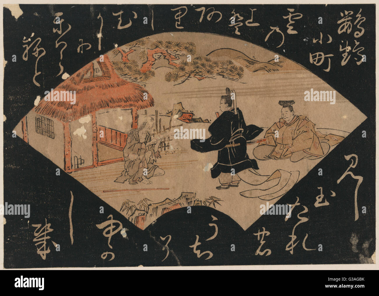 Parrot Komachi. A ventaglio stampa mostra un nobile che indossa una lunga tunica di coda, un consigliere per l'imperatore Yozei chi è seduto sulla destra in background, in piedi di fronte all'età poetessa Ono Komachi chi è seduto al di fuori di un piccolo edificio; il n. Foto Stock