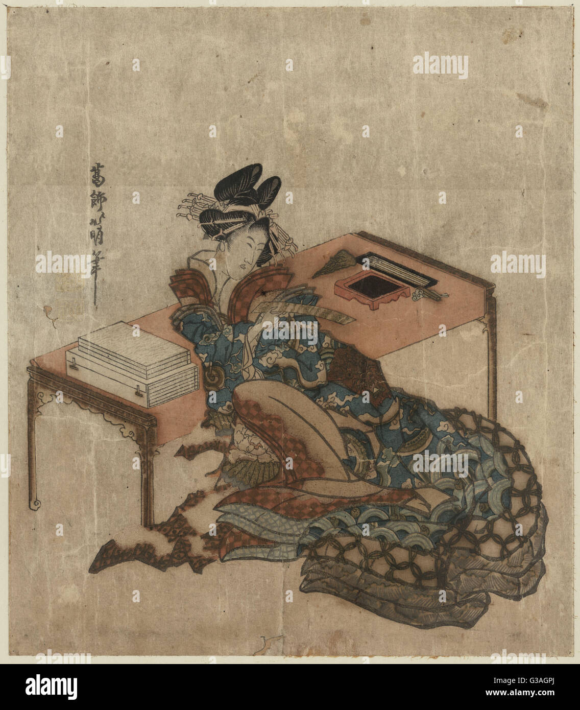 Cortigiano con una carta poesia (Tanzaku) Foto Stock