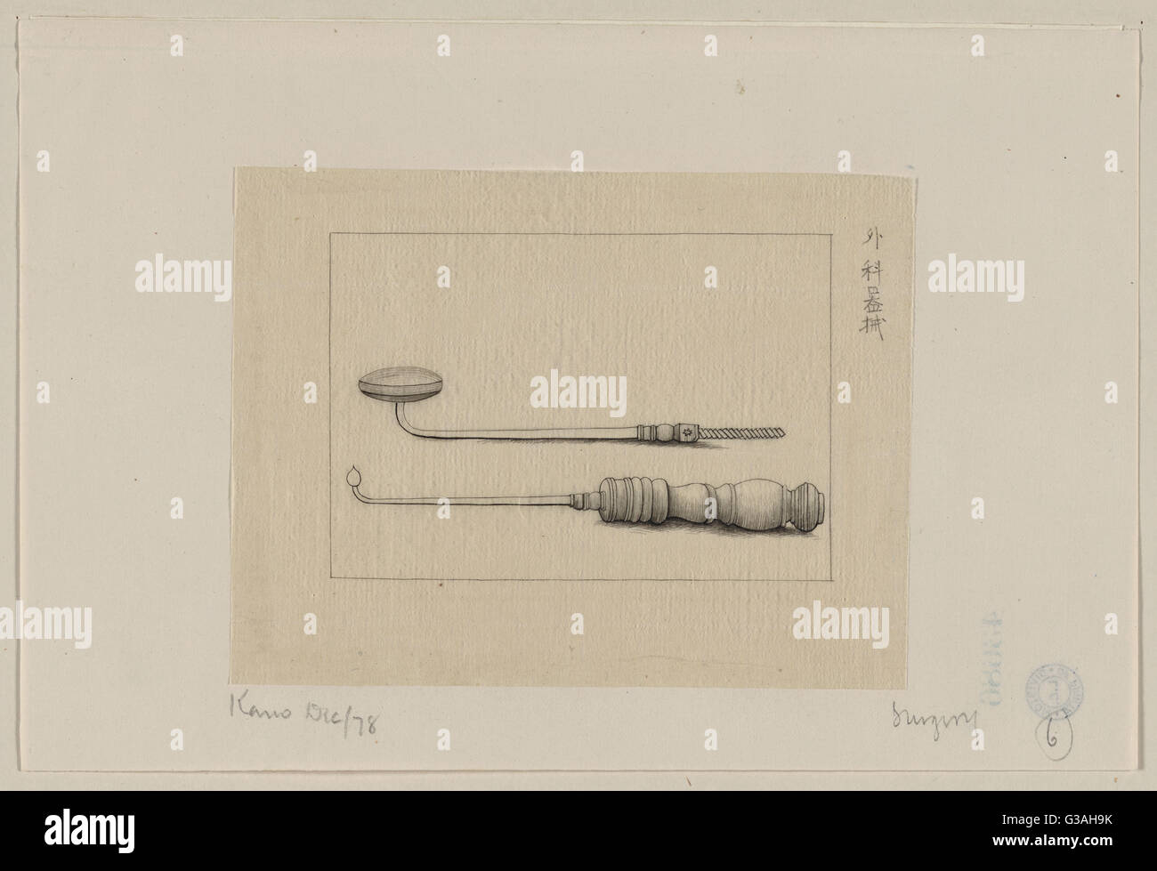 La chirurgia. Il disegno mostra due strumenti chirurgici. Data 1878 Dic. Foto Stock