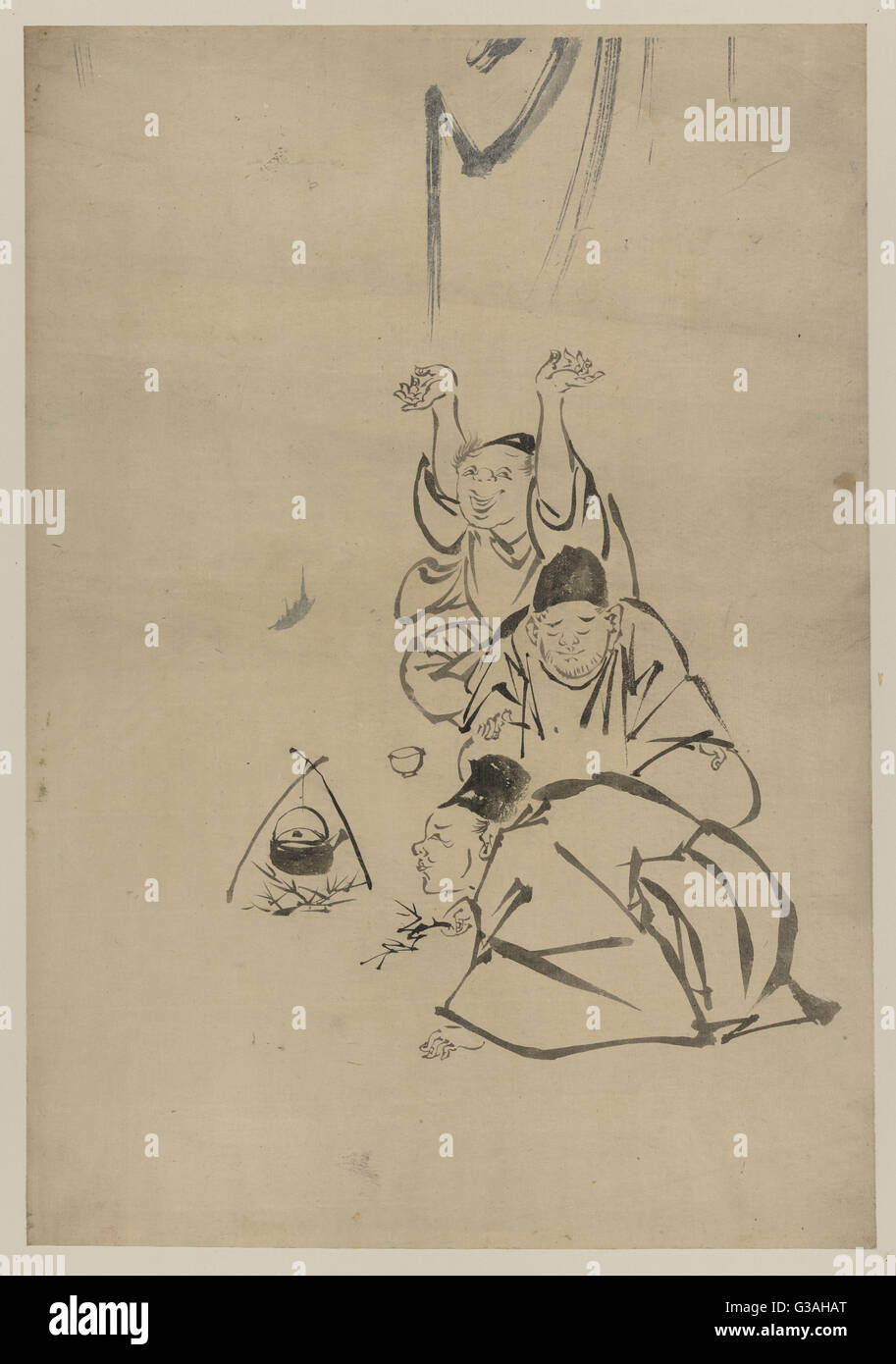 Tre monaci o viaggiatori illuminazione di un fuoco sotto una teiera Foto Stock