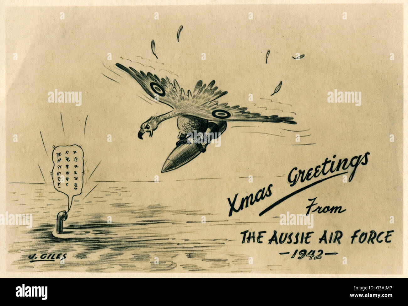 Buon Natale Giapponese.Auguri Di Buon Natale Dal Australian Airforce Un Raf Hawk E In Volo Con Una Bomba Di Grandi Dimensioni Per Estrarre Un Sottomarino Giapponese Che E Schizzando Maledizioni Tramite Il Suo Periscopio