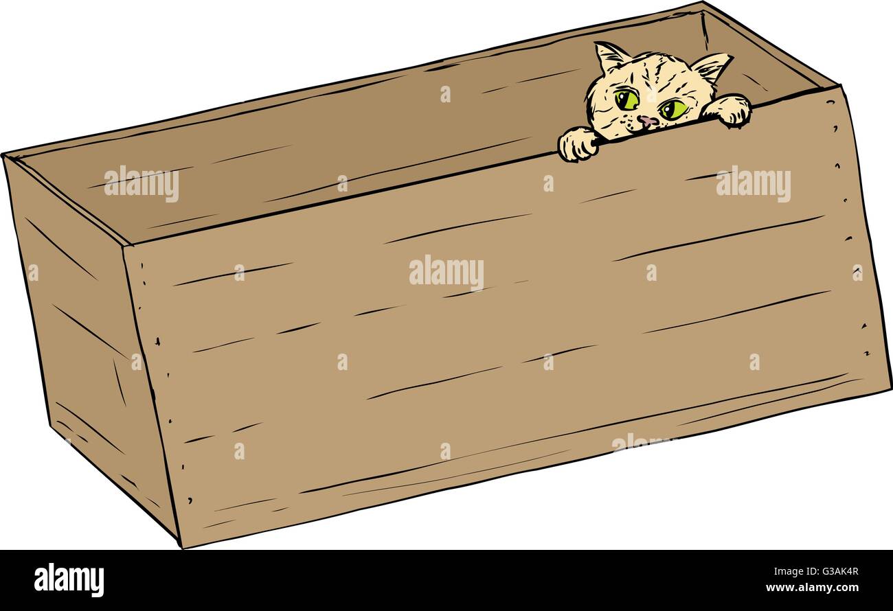 Disegnata a mano illustrazione di carino tabby kitten spiata dall'interno della gabbia in legno Illustrazione Vettoriale