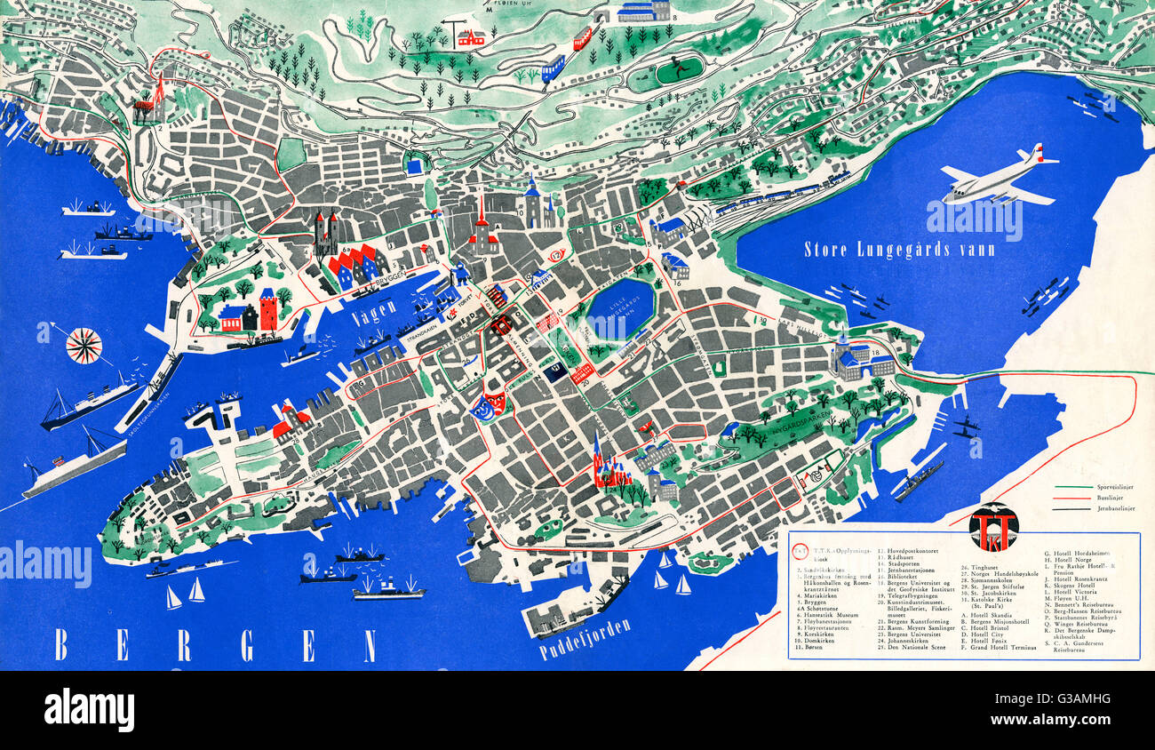 Mappa turistica di Bergen, Norvegia Foto Stock