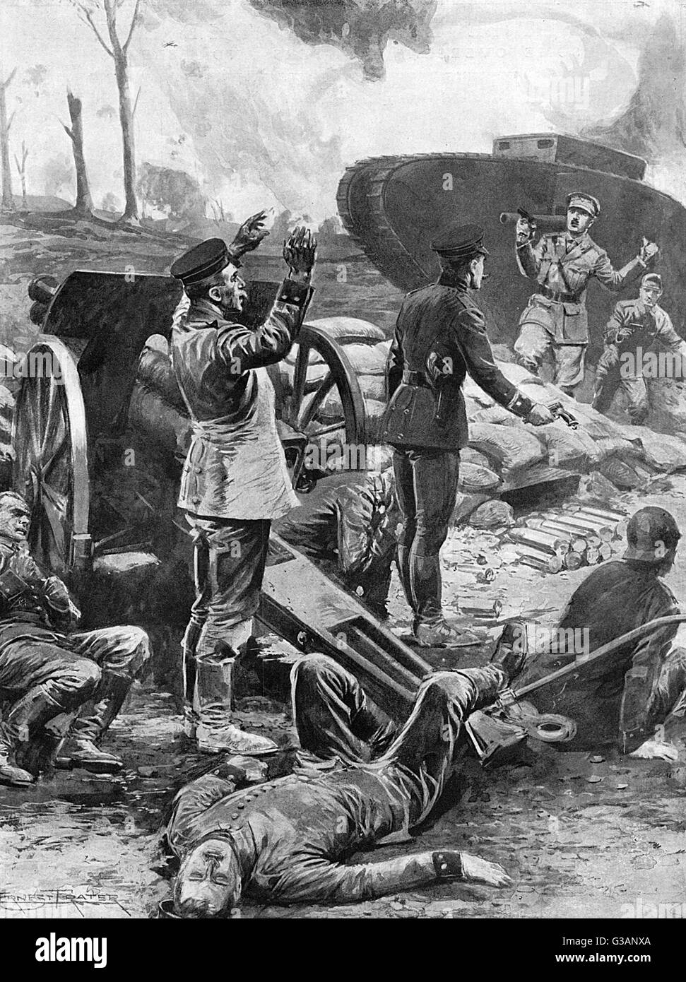 L'equipaggio tedesco si arrende ad un carro armato a Messines, WW1 Foto Stock