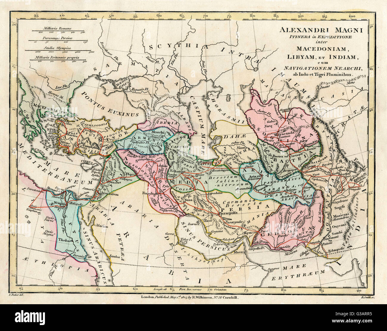 Mappa dell'Impero del re Alessandro il Grande (Alexander III di Macedon 356323 BC), dalla Grecia in occidente in India in oriente. Data: 1807 Foto Stock