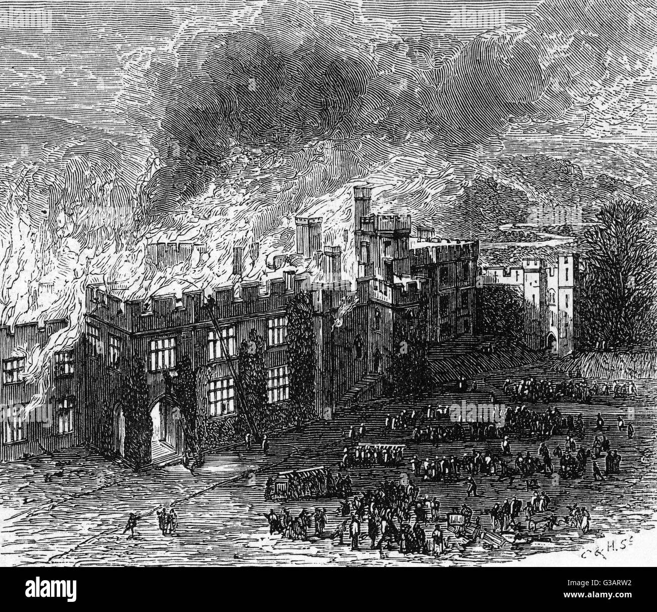 Incendio presso il Castello di Warwick - vista generale da parte di Guy's Tower. Data: 1871 Foto Stock