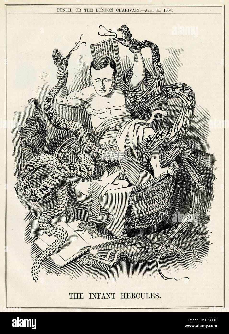 'L'infant HERCULES' Guglielmo Marconi (1874-1937), strangolando la twin serpenti di mare e il cavo di terra Telegraph con il suo nuovo telegrafo senza fili sistema. Marconi era un inventore italiano, noto per il suo lavoro pionieristico sulla lunga distanza di trasmissione radio Foto Stock