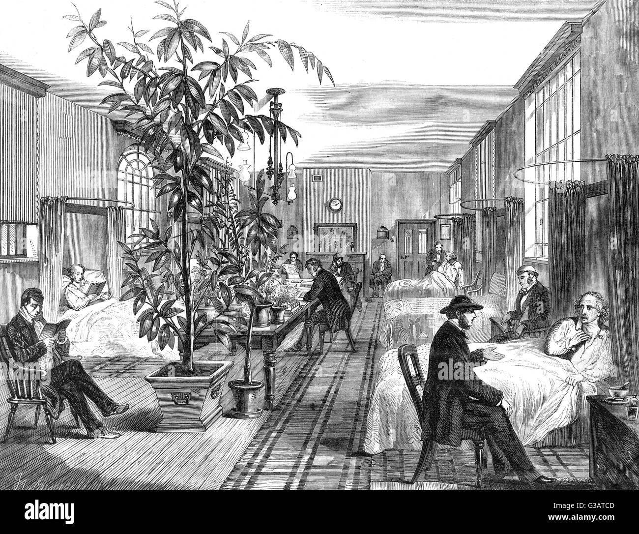 Uomini della degenza in ospedale di Betlemme, 1861. Diversi grandi vasi di piante sono in evidenza; forse uno dei primi esempi di terapia orticola. Data: 1861 Foto Stock