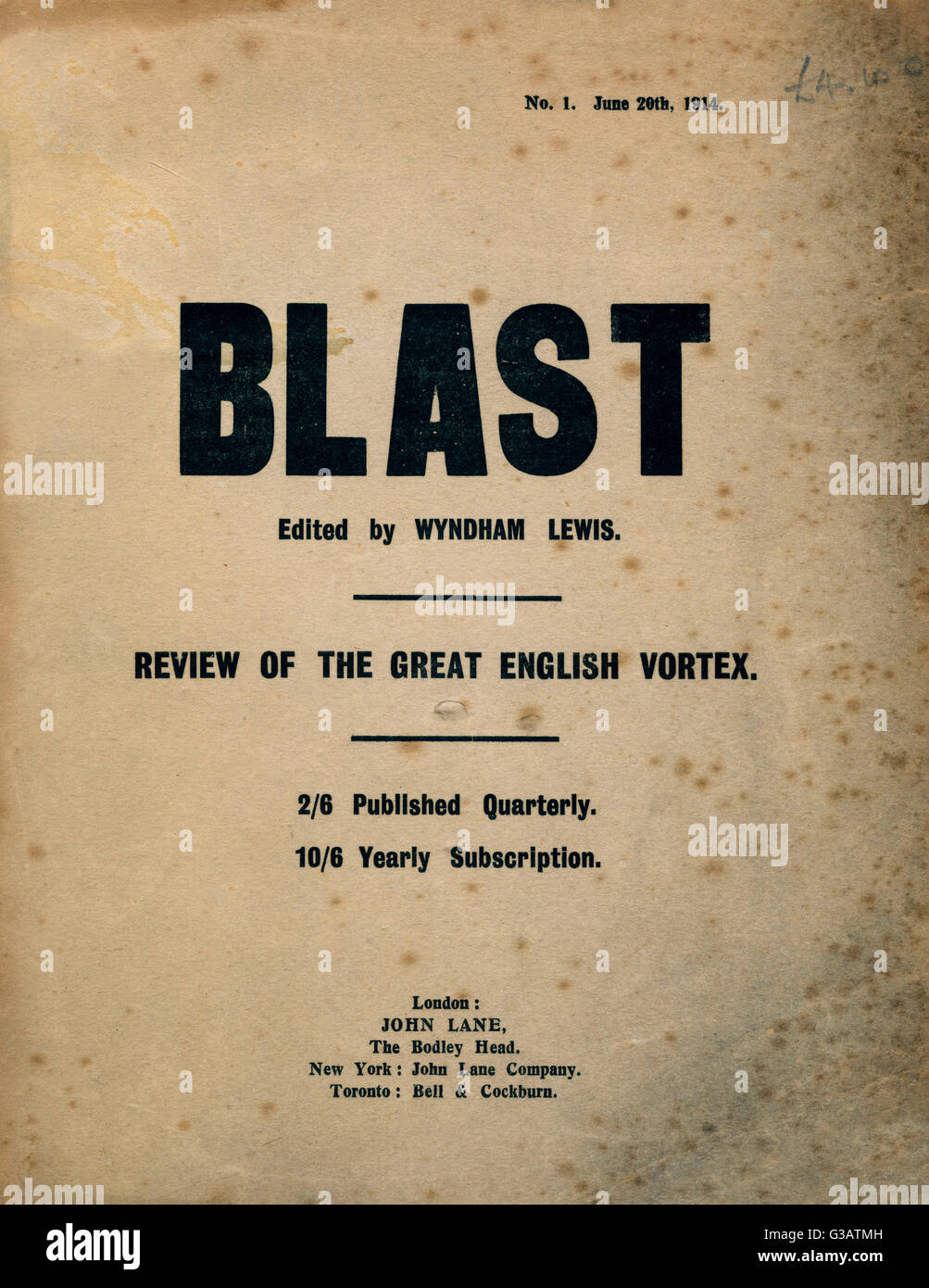 La pagina del titolo di primo rilascio di Blast: Recensione del grande inglese Vortex, datata 20 giugno 1914. Edito da Wyndham Lewis questa rivelò di breve durata rivista letteraria è stato pubblicato 33 giorni prima dello scoppio della Prima Guerra Mondiale. Data: 1914 Foto Stock