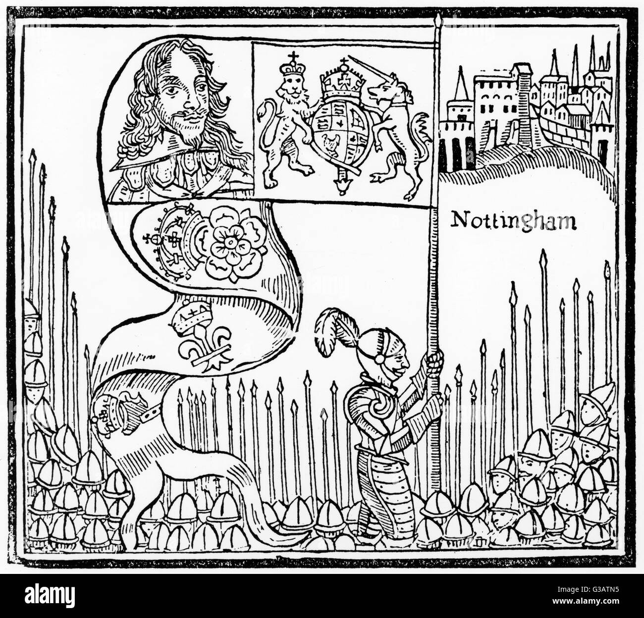 Re Carlo mi solleva il suo standard a Nottingham, segnalare l'inizio della guerra civile inglese. Data: 22 Agosto 1642 Foto Stock