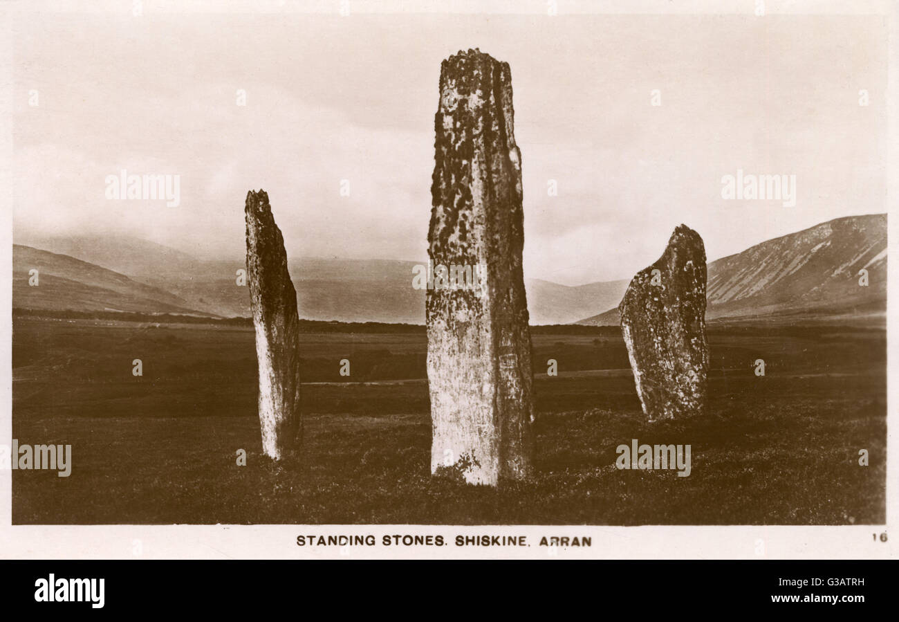 Pietre in piedi a Machrie Moor, Shiskine, Arran, Scozia Foto Stock
