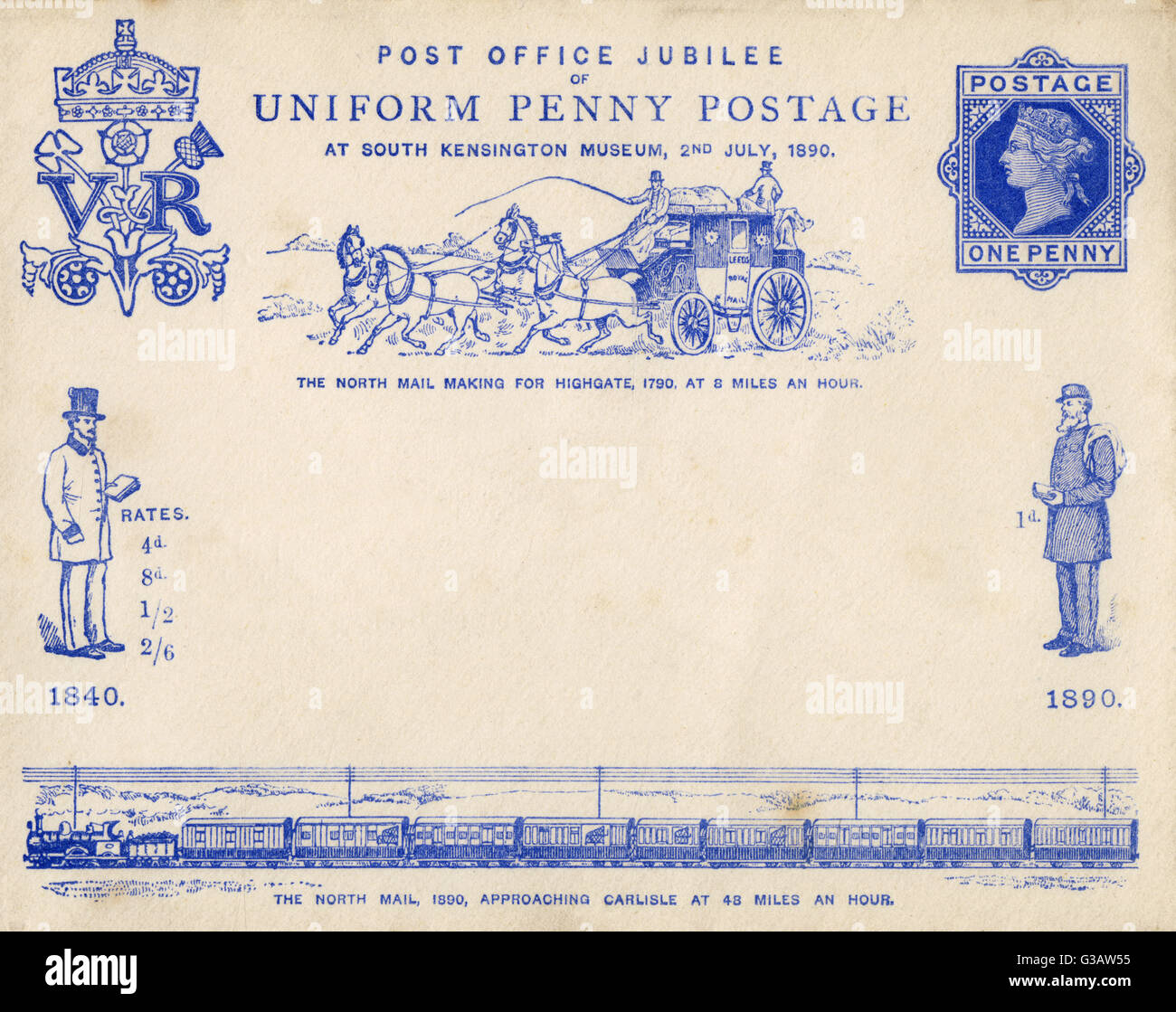 Un Penny Post Giubileo card, rilasciato nel 1890 per celebrare il Giubileo d oro (50 anni, 1840 - 1890) del penny Post. La scheda è dotata di un portalettere dal 1840 e uno del 1890 le tuniche di armsof Queen Victoria, il Nord coach posta a nord e il treno di posta Foto Stock