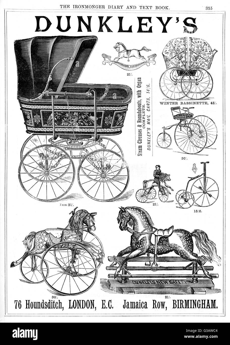 Pubblicità di giocattoli di vivaio e prams di Dunkley, 1888 Foto Stock