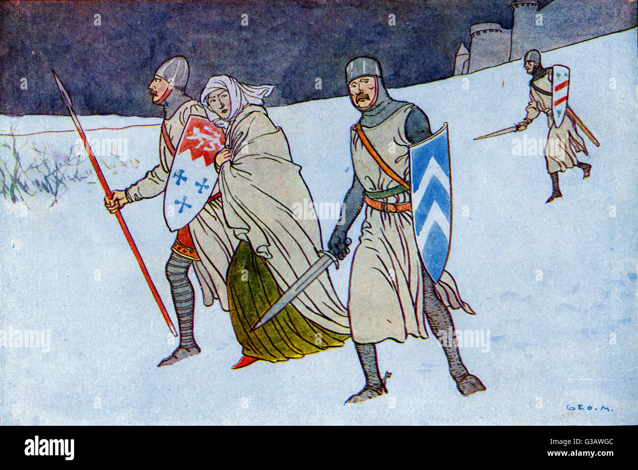 Nel 1141, Matilda fu intrappolata a Oxford in una notte invernale innevata. Le saldature di Stephen erano ovunque. Quando il cibo finì, si mise un grande mantello bianco e scappò oltre il muro. Il mantello bianco l'ha nascosta nella neve. Foto Stock