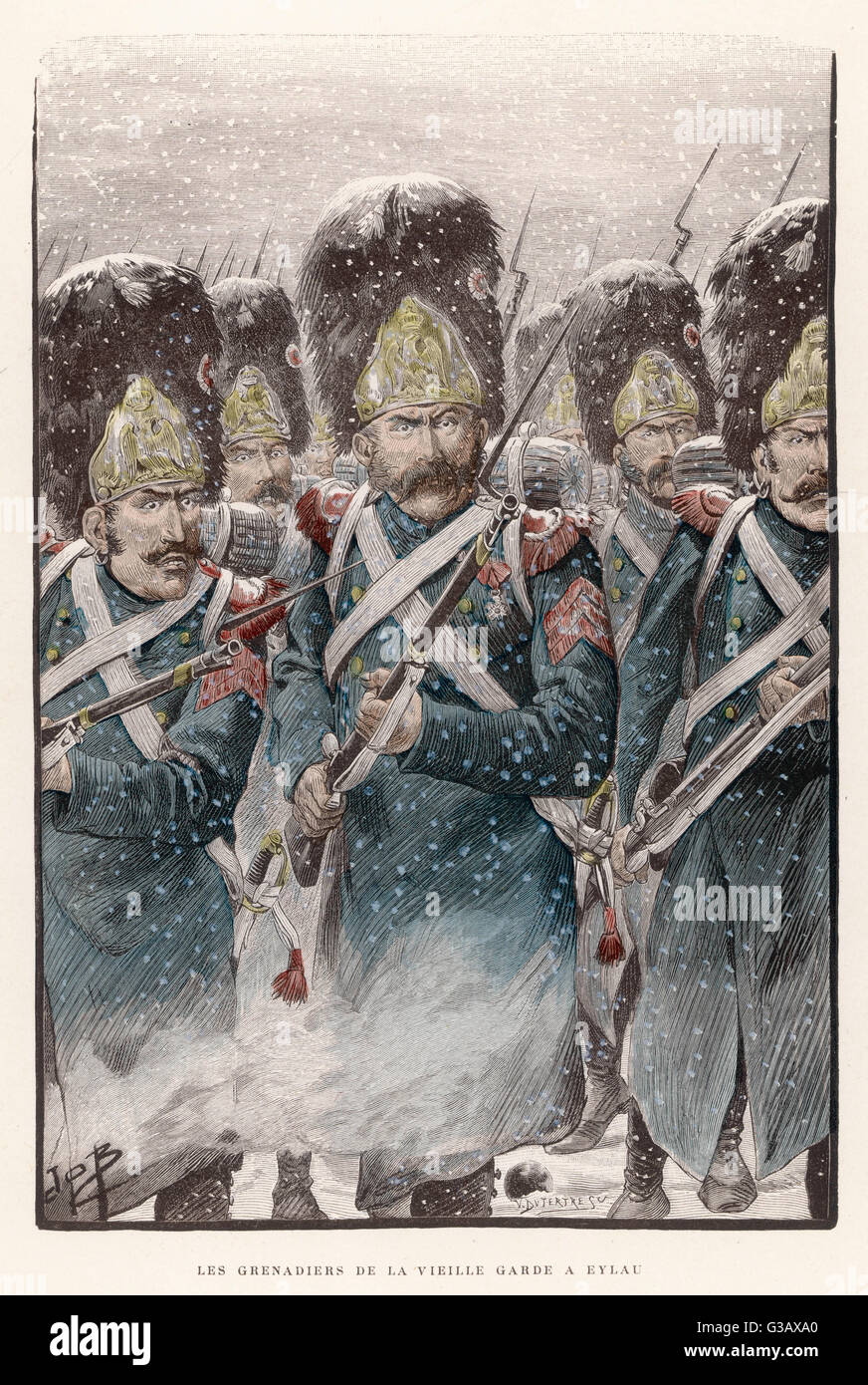 Granatieri di La Garde Imperiale in azione nella caduta di neve all'indecisa battaglia di Eylau contro un combinato di russo e esercito austriaco Data: 8 febbraio 1807 Foto Stock