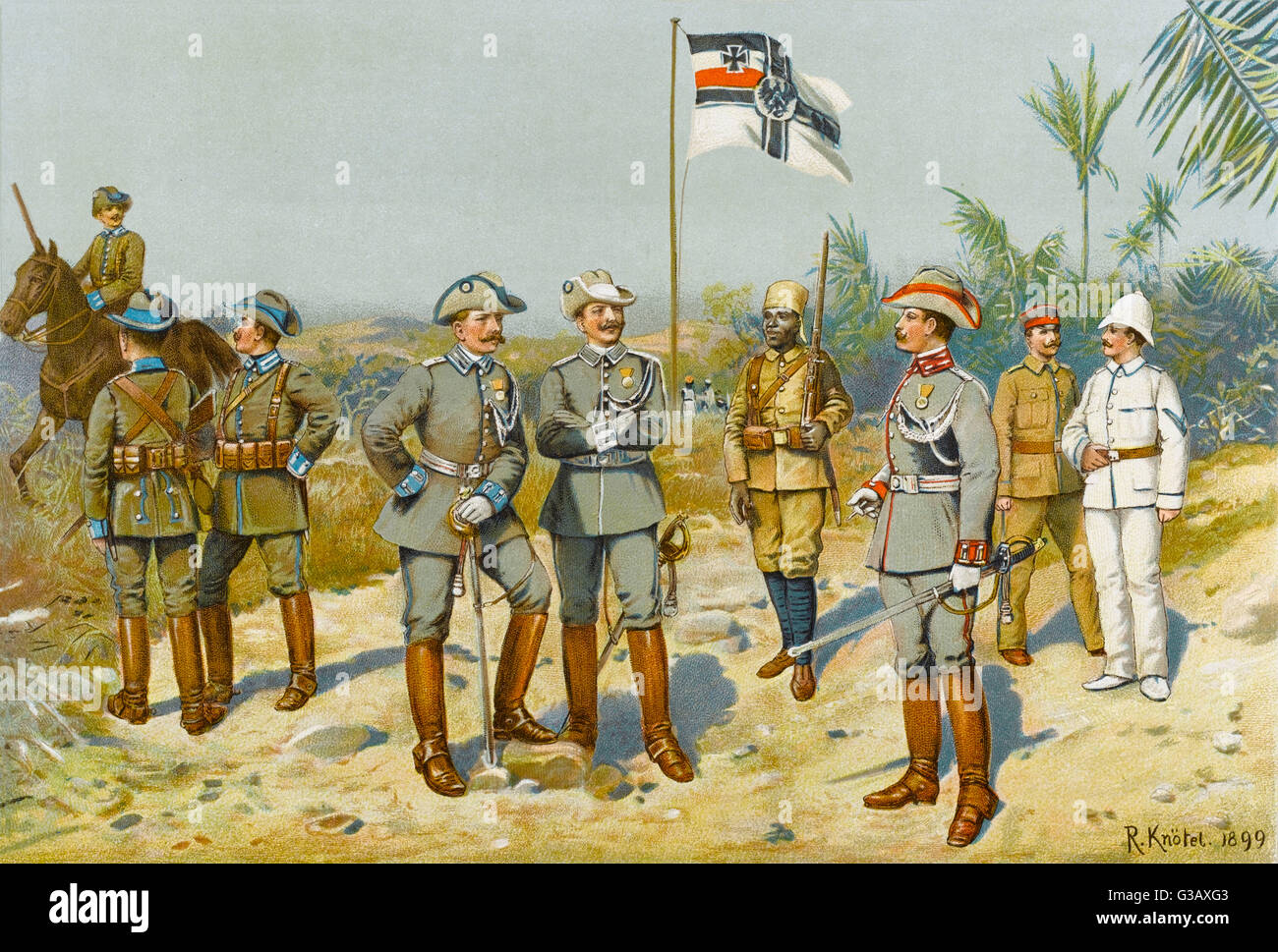 Uniformi di 'Schutztruppen in Afrika' - sulla sinistra, south-west Africa : centro, East Africa : Destra, Camerun e Togo. L'unico soldato nativo è Sudanese. Data: 1899 Foto Stock