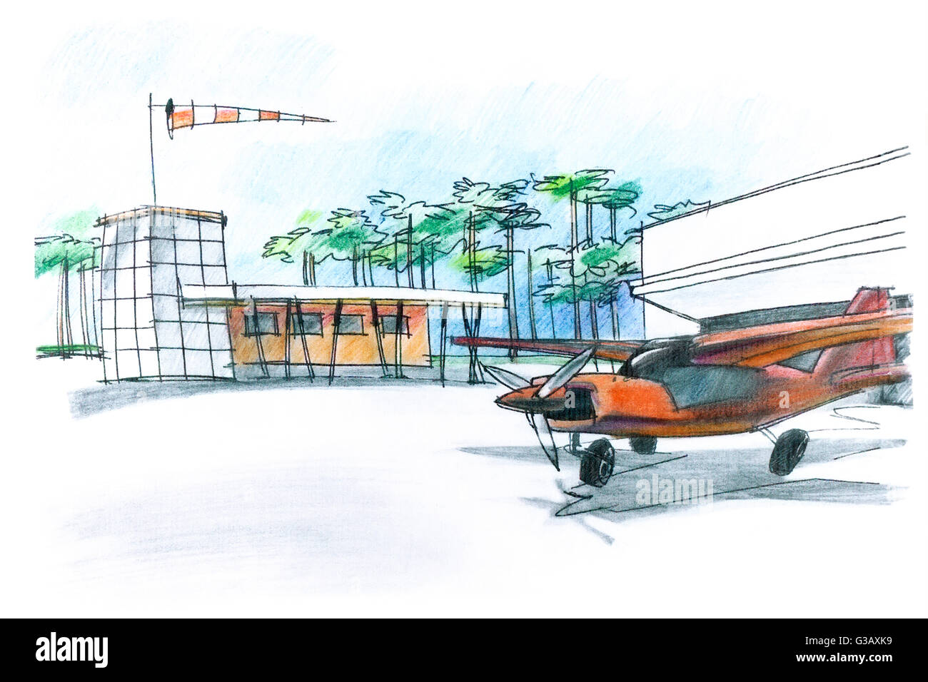 Disegno a mano di un aeroporto per piccoli aerei con il piano e hangar Foto Stock