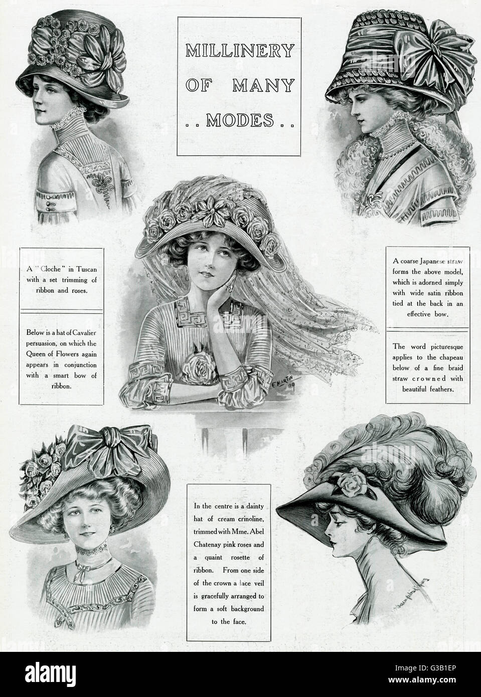 Archi edoardiani, cappelli floreali e con piume 1909 Foto Stock