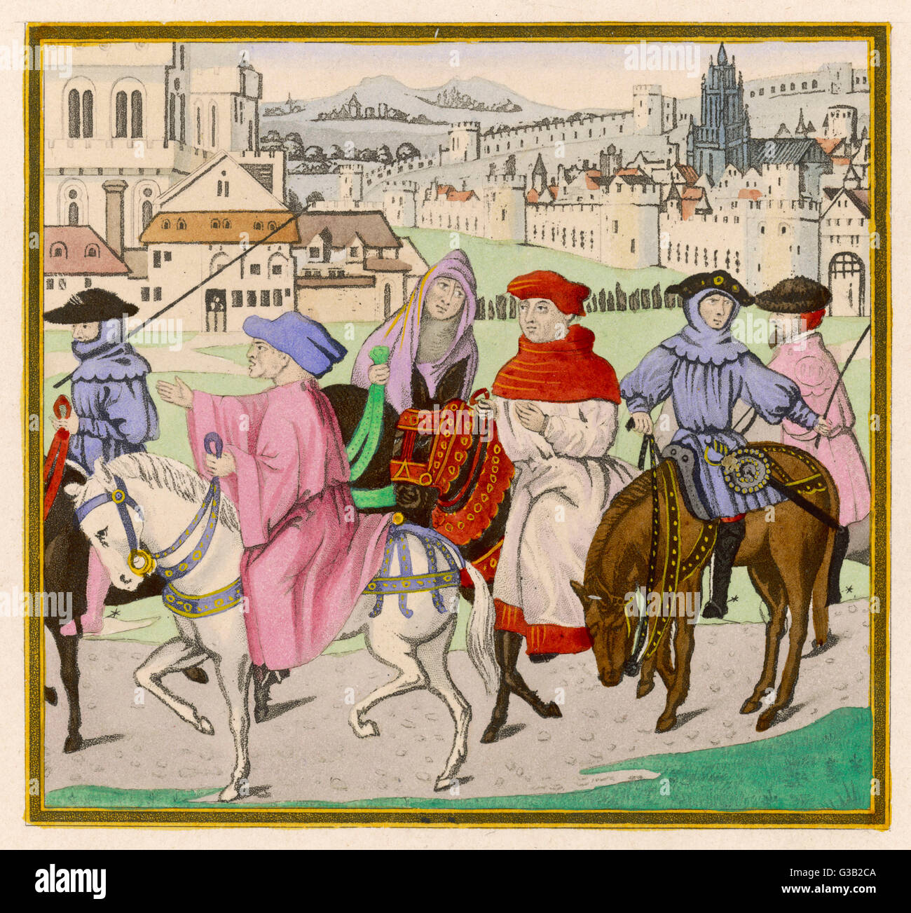 I pellegrini che hanno narrato Chaucer 'Canterbury Tales", una sezione trasversale della popolazione, raffigurato in abbigliamento idoneo per una escursione in aprile Data: tardo XV secolo Foto Stock