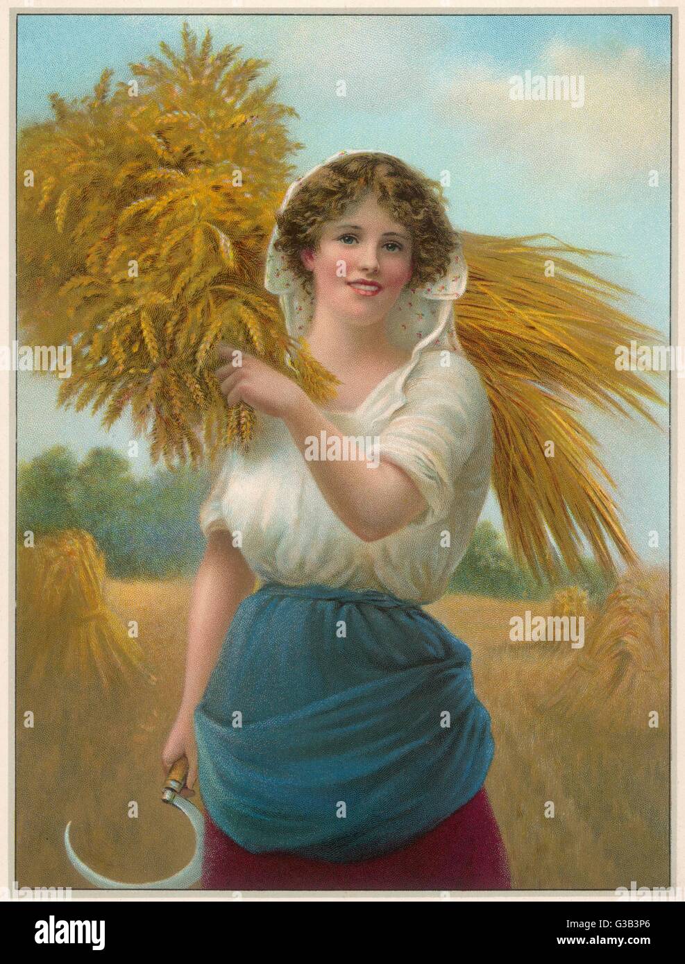 Un gleaner, la falce in mano, porta a casa un covone di grano Data: nel 1860 circa Foto Stock