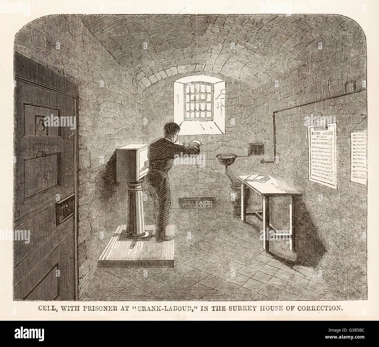 Costruito nel 1851 e chiamato in origine il Surrey casa di correzione. Questa immagine mostra un prigioniero a manovella macchina nella sua cella. Data: nel 1860 circa Foto Stock