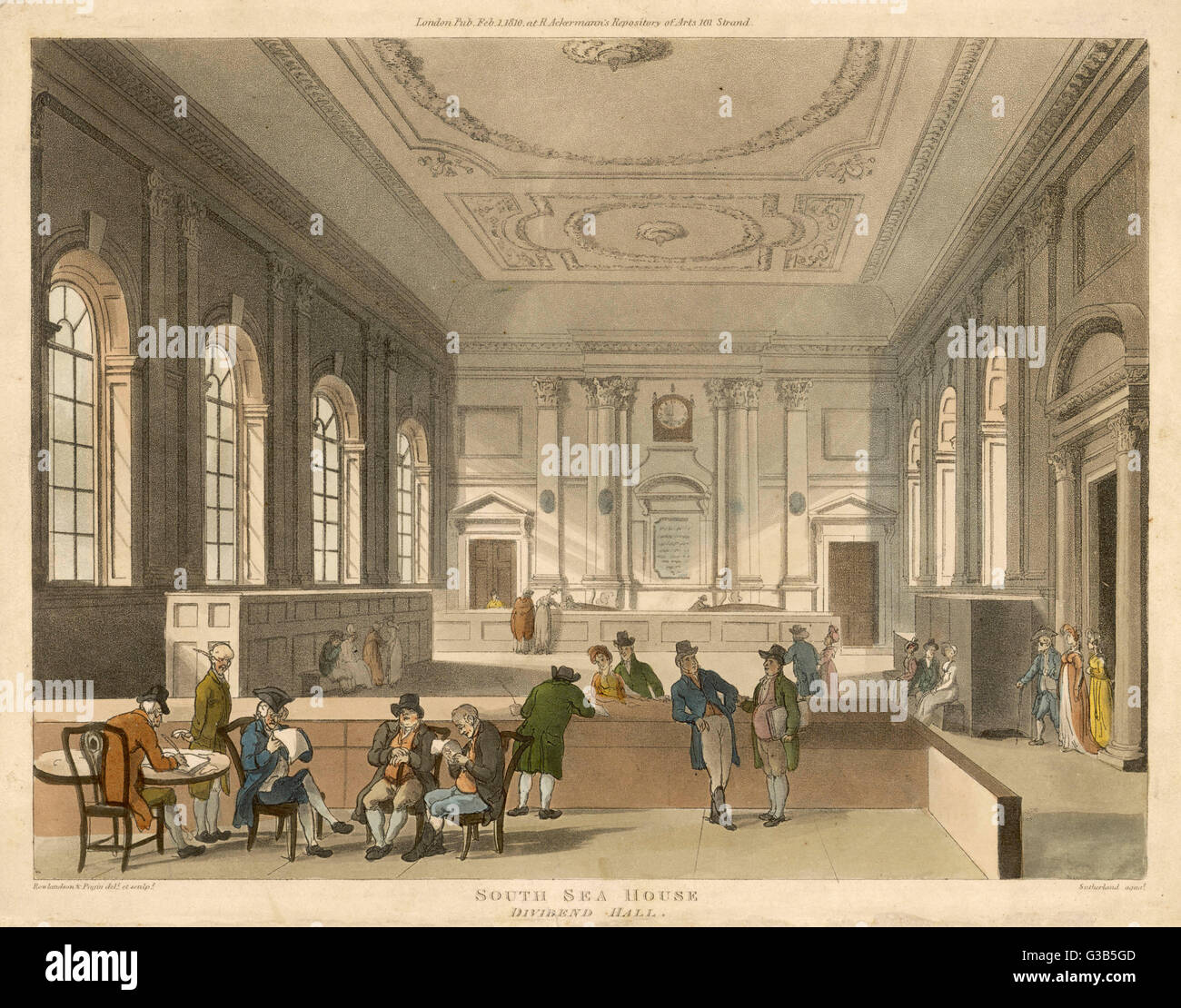 Mare del sud casa : il dividendo Hall negli uffici della società South-Sea in Threadneedle Street, Londra Data: circa 1810 Foto Stock