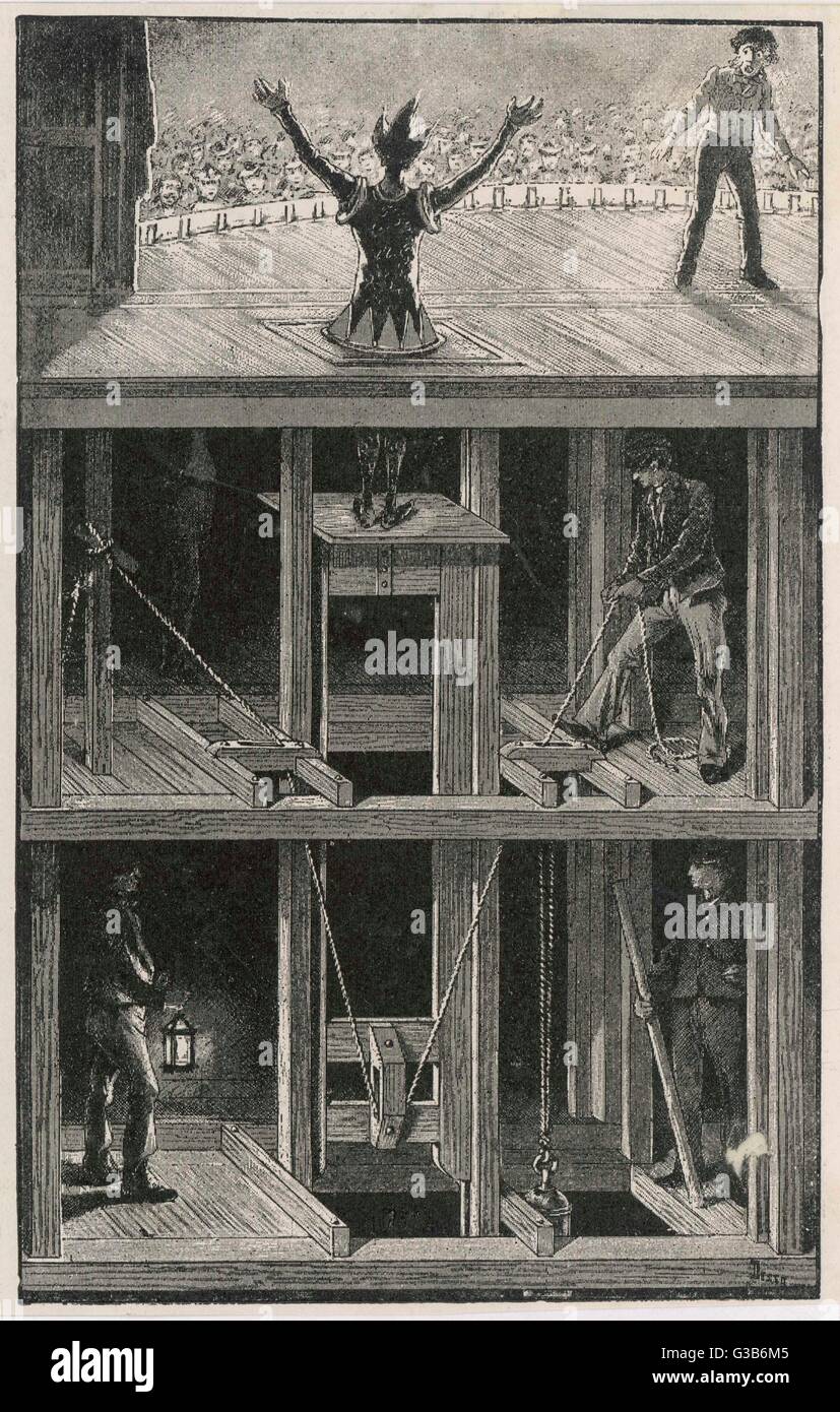 Una sezione trasversale di uno stadio che mostra come un clown 'magically' appare sul palco durante una pantomima. Data: 1880 Foto Stock