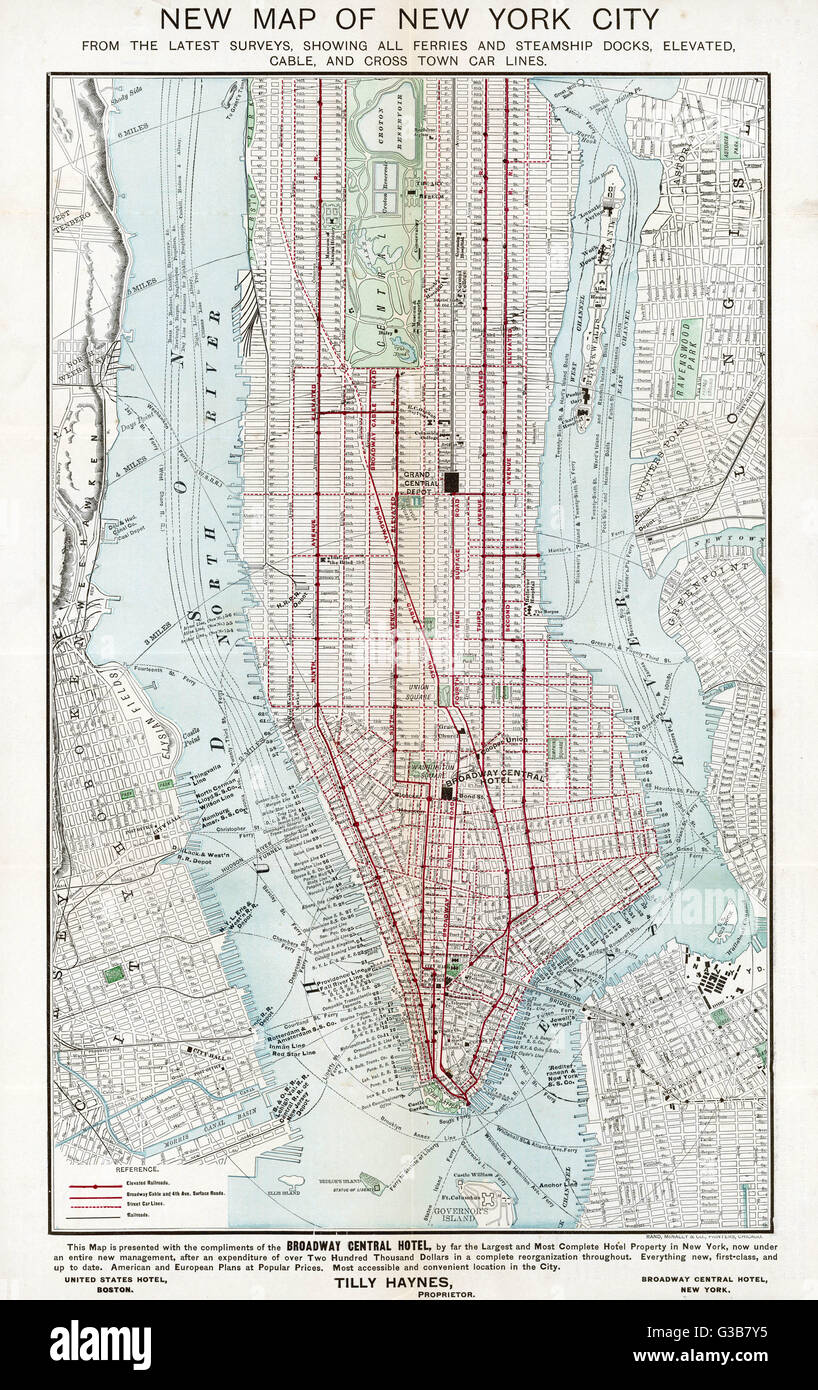 New York: pianificazione stradale, mostrando i fiumi, le strade e le opzioni di trasporto pubblico data: 1895 Foto Stock