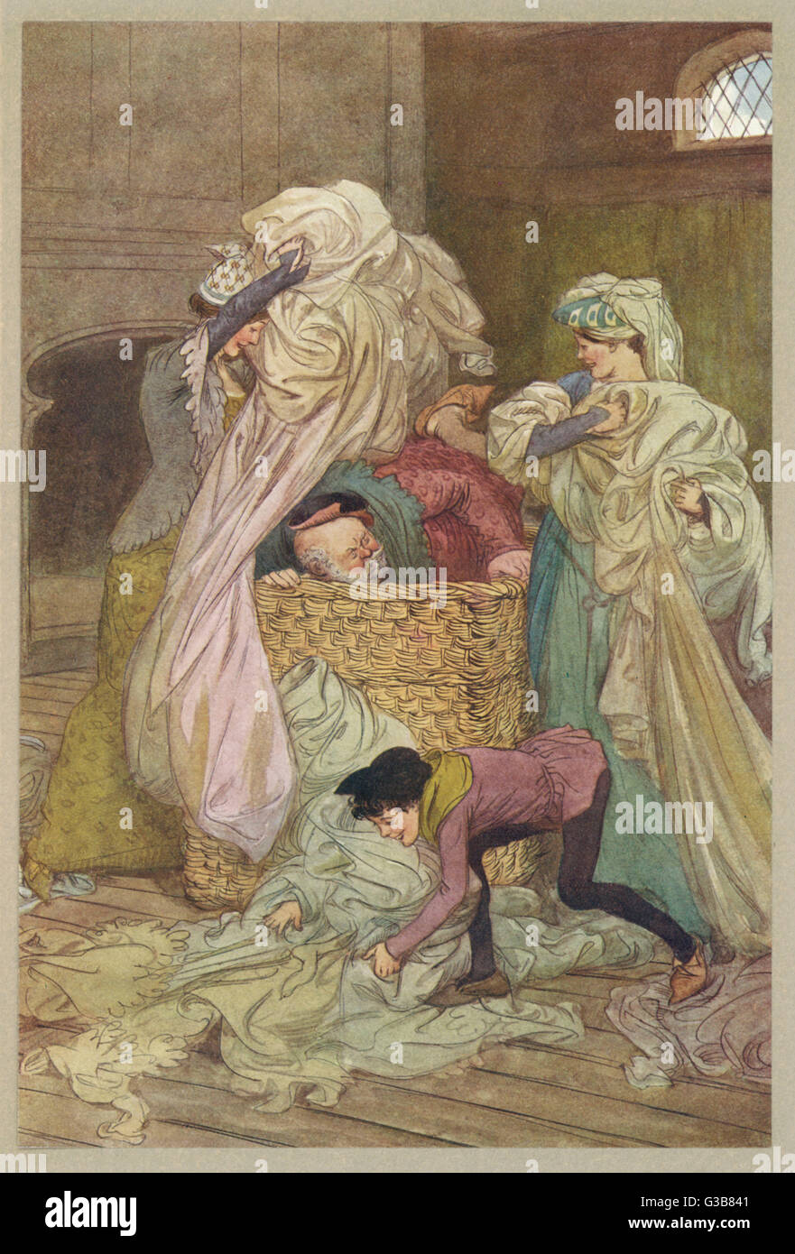 Atto III, scena iii "Gettare fallo biancheria da letto su di lui", Falstaff si nasconde in un cesto della biancheria data: 1910 Foto Stock