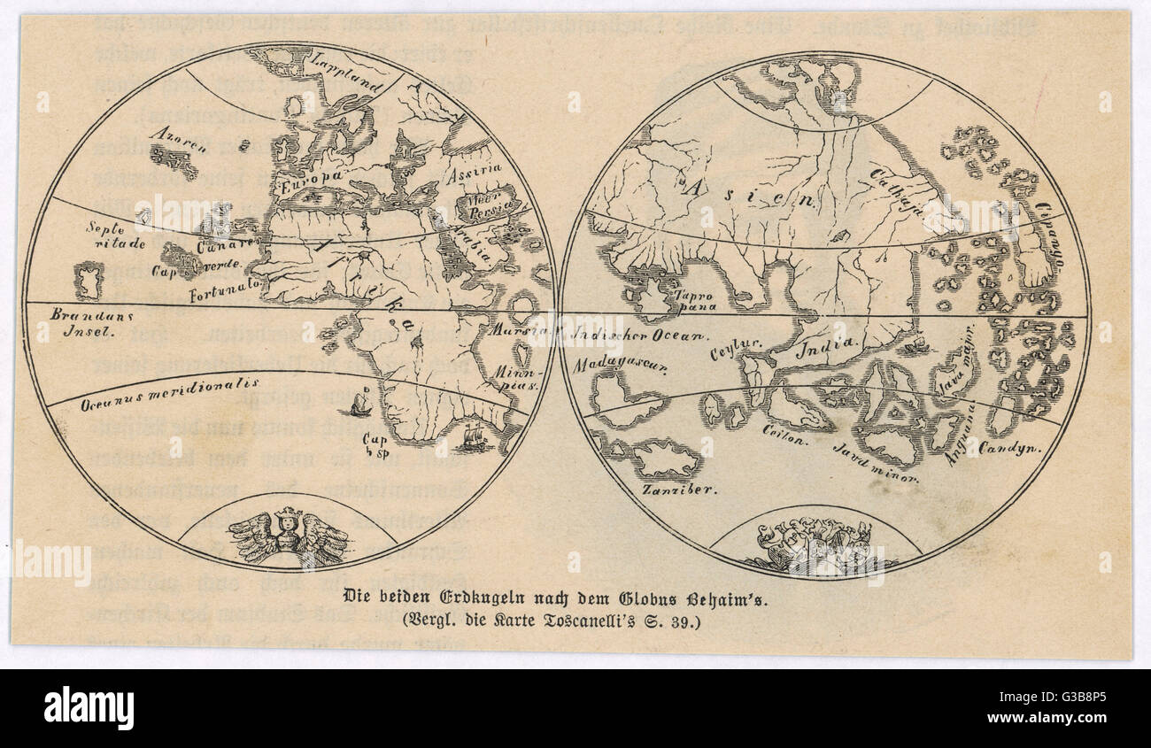 Mappa del mondo in due metà secondo Martin Behaim data: 1492 Foto Stock
