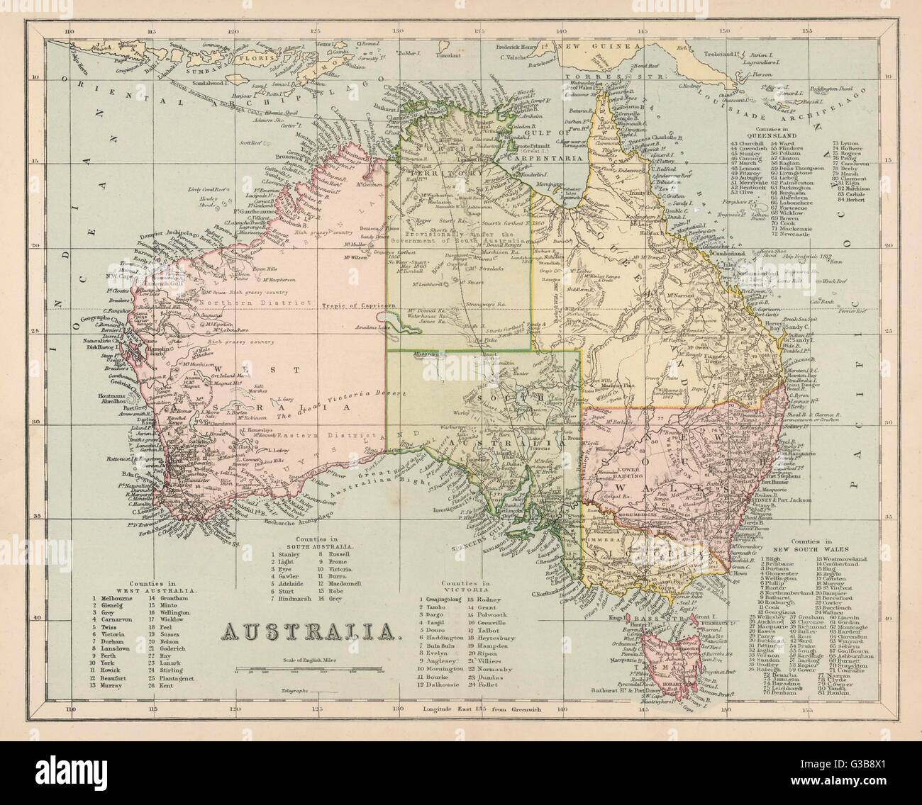 Mappa di Australia con i nomi delle contee di data: post-1876 Foto Stock