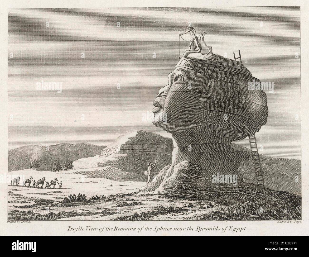Denon, archeologo attaccato a Napoleone in Egitto expedition, misura la Sfinge, che è in una condizione migliore di quella che è oggi. Data: circa 1799 Foto Stock Denon, archeologo attaccato a Napoleone in Egitto expedition, misura la Sfinge, che è in una condizione migliore di quella che è oggi. Data: circa 1799 Foto Stock