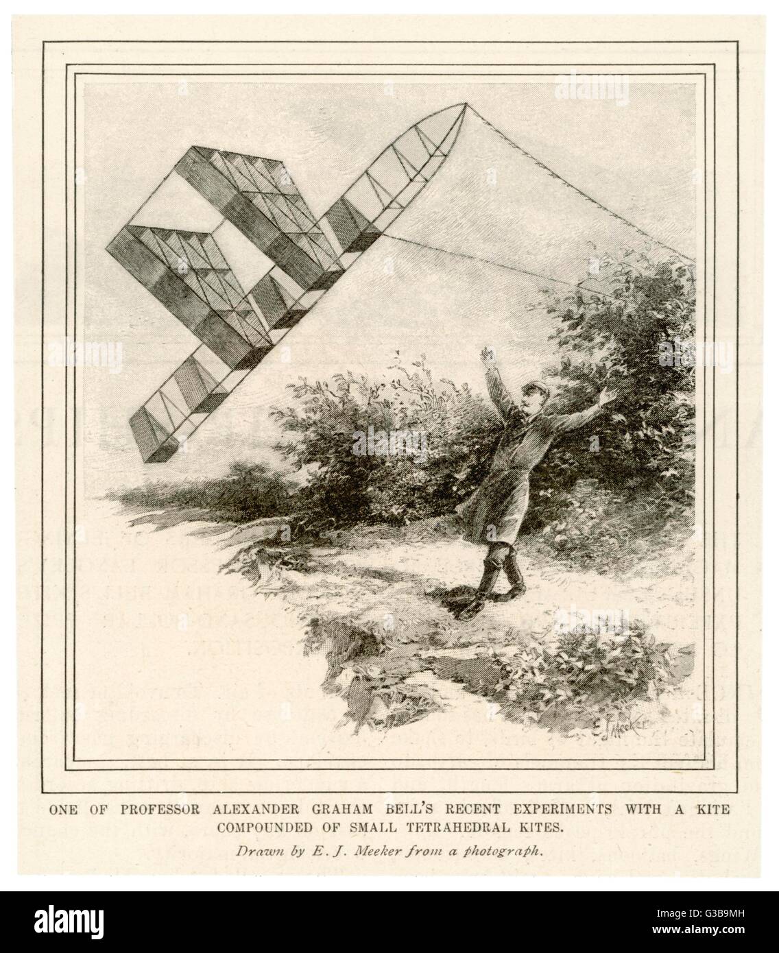 L'inventore Alexander Graham Bell, volare il suo aquilone tetraedrico. Data: 1903 - 4 Foto Stock
