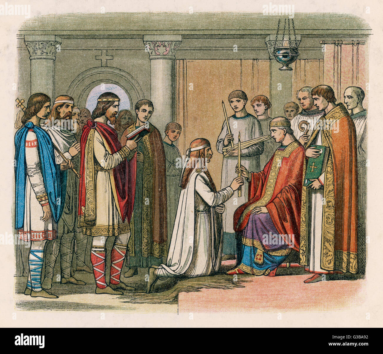 Il danese Guthorm riceve il battesimo come una condizione del trattato di pace che ha seguito la sua sconfitta dal re Alfred nella battaglia di Eddington. Data: 878 Foto Stock