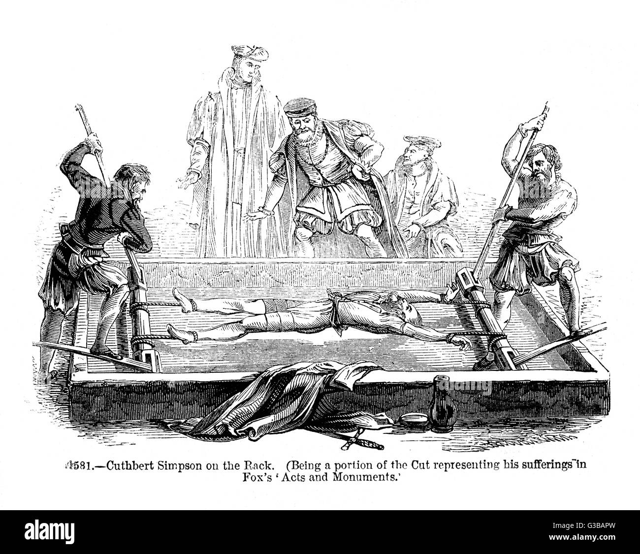 Cuthbert Simpson sulla cremagliera nella Torre di Londra. Data: XVI secolo Foto Stock