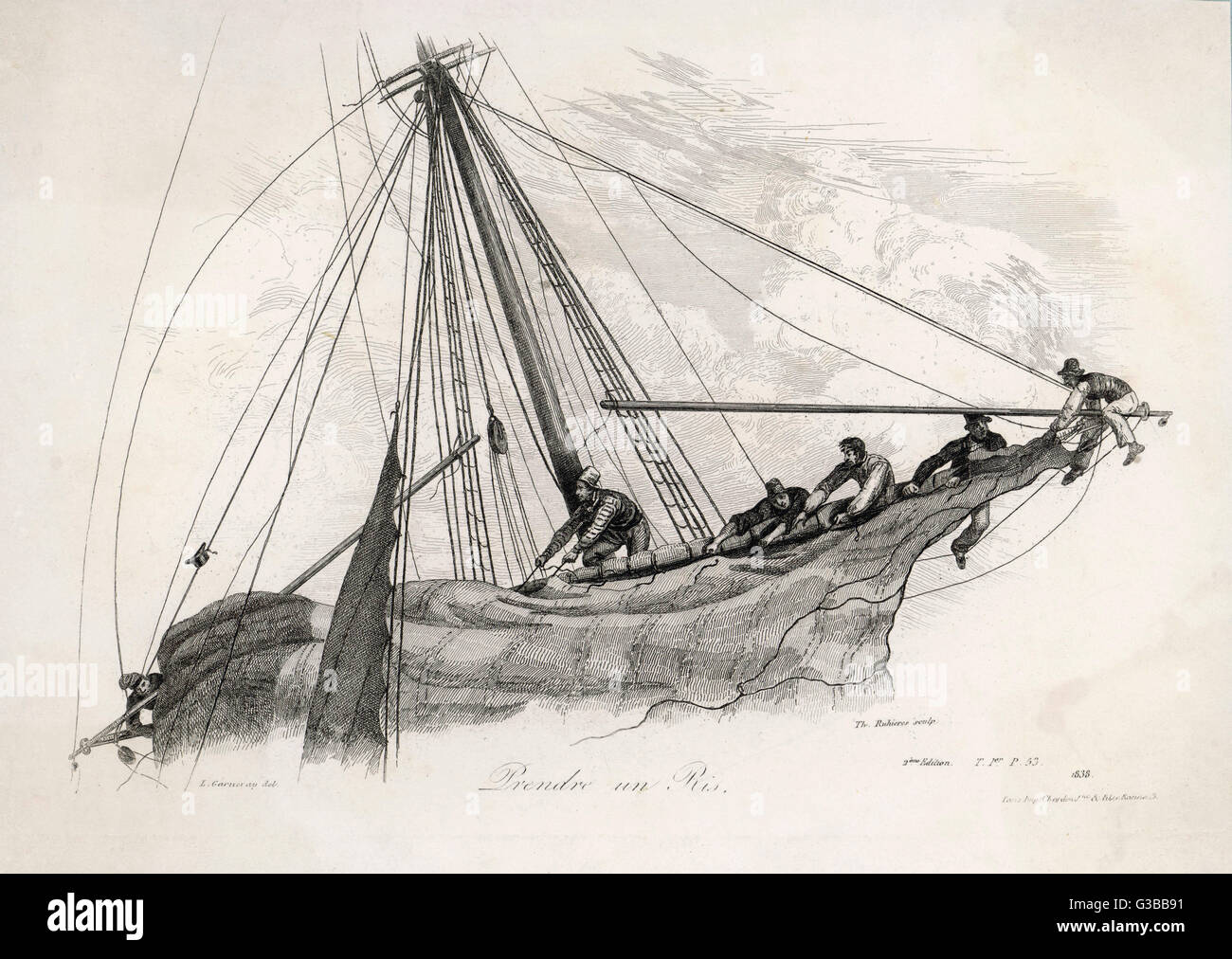 Cinque marinai di un armamento di una nave a vela, presa di terzaroli una vela (cioè tenendo in parzialmente o interamente verso il basso). Data: 1835 Foto Stock