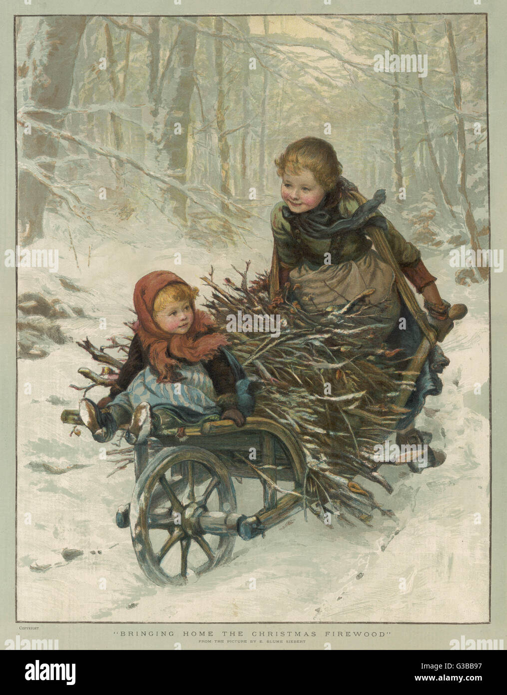Due bambini di portare a casa un Barrow-carico di legna per il fuoco di Natale Data: circa 1880 Foto Stock