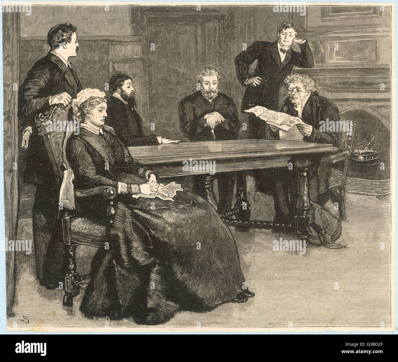 Un cupo la famiglia si riunisce per la lettura di una volontà. Data: circa 1880 Foto Stock